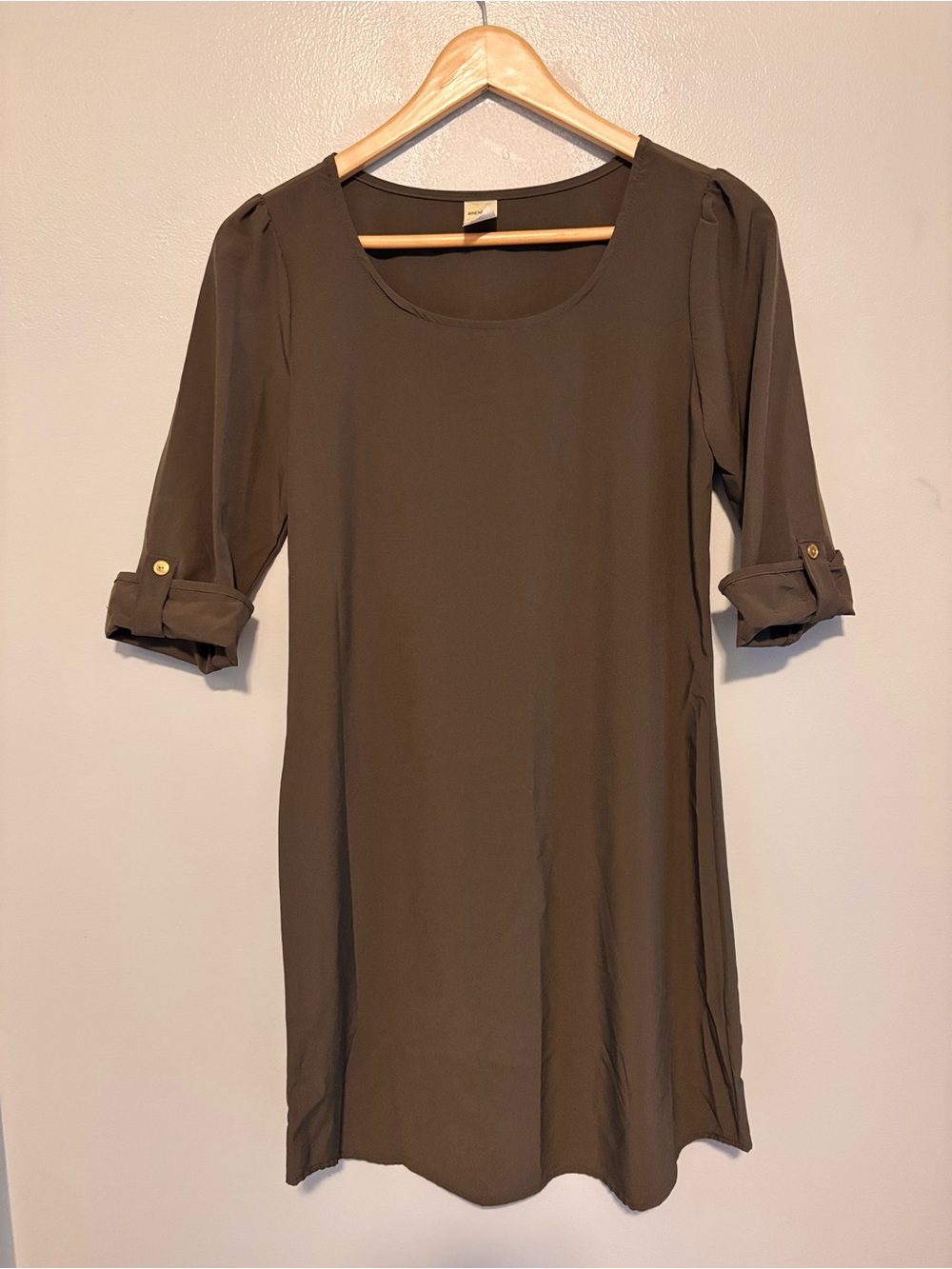 Classic Olive Midi Dress with Roll-Tab Sleeves